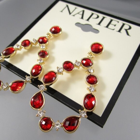 NAPIER Mod/Contemporary Gold Red & Clear Crystal Open Teardrop Earrings**NEW! - Picture 3 of 3